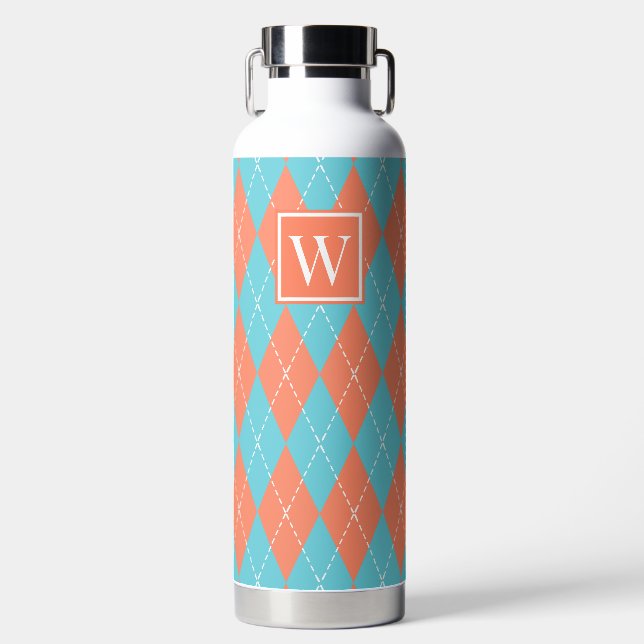Hand Stitched Argyle - Coral & Turquoise Monogram Water Bottle (Front)