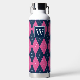 Hand Stitched Argyle - Hot Pink & Navy Monogram Water Bottle