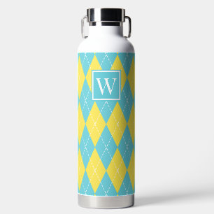 Hand Stitched Argyle - Yellow & Turquoise Monogram Water Bottle