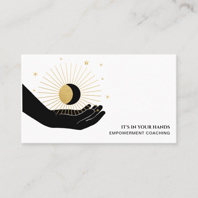 *~* Hand Sun Rays Black Gold Moon Lunar Cosmic Business Card (Front)