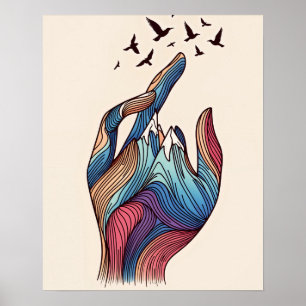 Hand to Horizon - Birds Soar from Finger Peaks Poster
