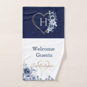 Hand Towel Gold Heart Blue/White Floral