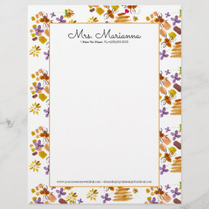 Hand Watercolor Bee Art Botanical Floral Pattern Custom Letterhead