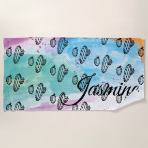 Hand Watercolor Cactus Colourful Fun Paint Splash Beach Towel