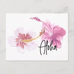 Hand Watercolor Hawaii Hibiscus Floral Pink Postcard