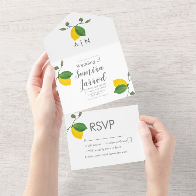 Hand Watercolor Lemon Vines Wedding  All In One Invitation (Tearaway)