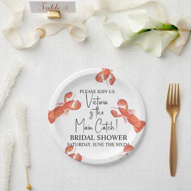 Hand Watercolor Lobsters Main Catch Bridal Shower Paper Plate (Wedding)