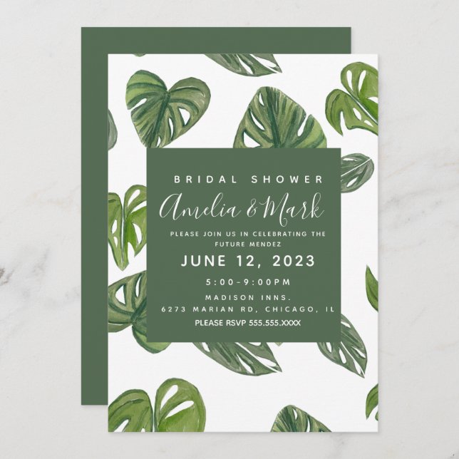 Hand Watercolor Monstera Adansonii Leaf Bridal Invitation (Front/Back)