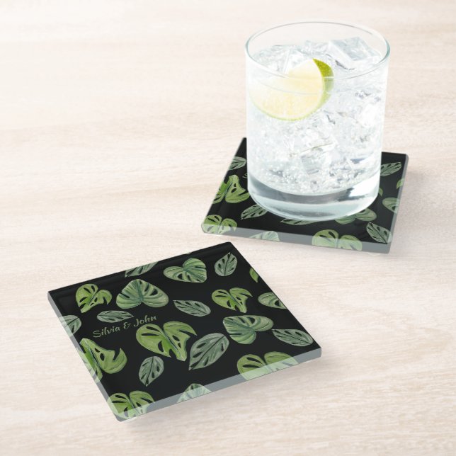 Hand Watercolor Monstera Adansonii Leaf Wedding Glass Coaster (Angled)