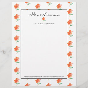 Hand Watercolor Orange Hibiscus Summer Script Custom Letterhead