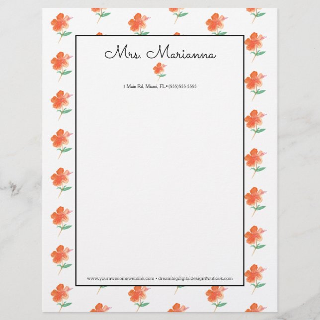 Hand Watercolor Orange Hibiscus Summer Script Custom Letterhead (Front)