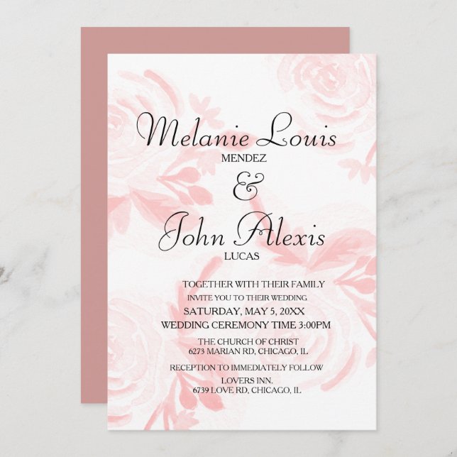 Hand Watercolor Roses Pink Botanical Wedding Invitation (Front/Back)