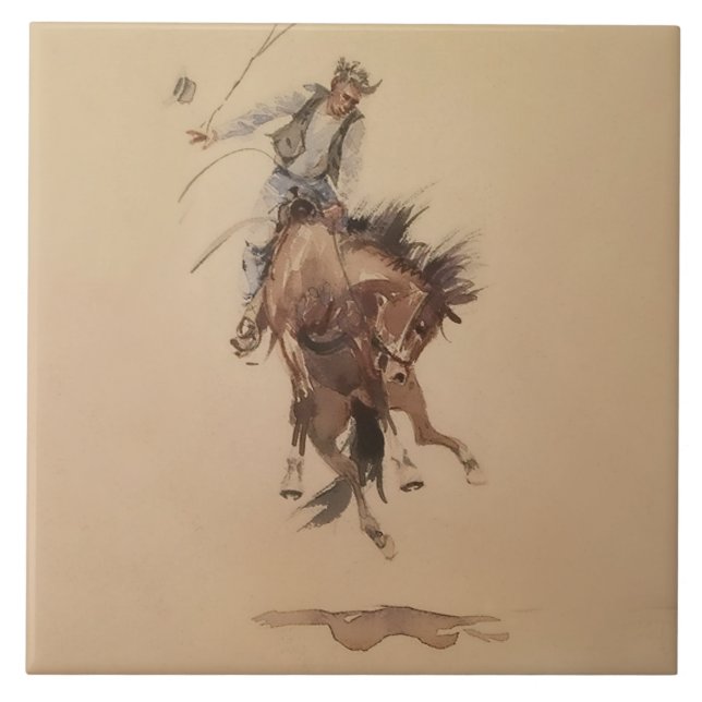 Hand-Whipping a Bronc by Edward Borein Ceramic Tile (Front)