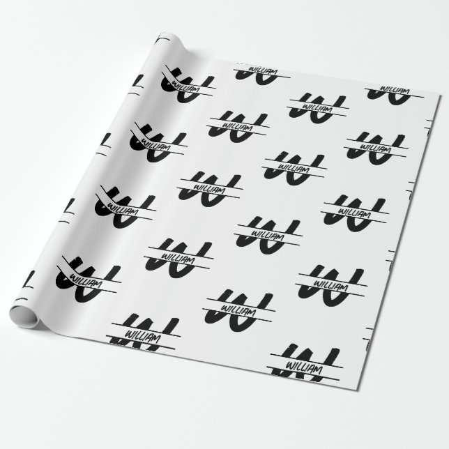 Hand Written Black & White Monogrammed Name Wrapping Paper (Unrolled)