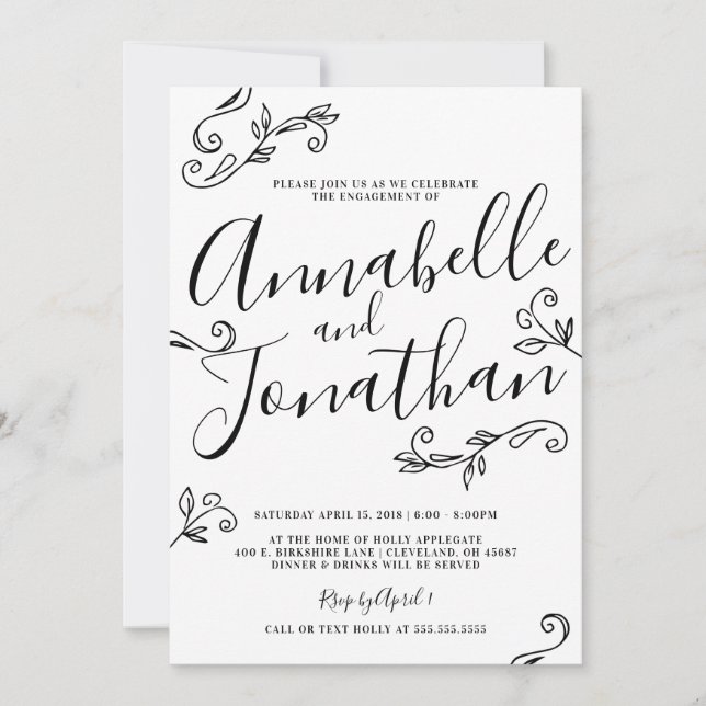 Hand Written Calligraphy Leaves Engagement Party Invitation (Front)