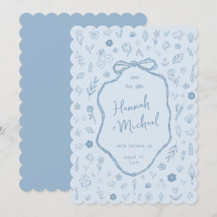Hand Written Drawn Blue Flowers Winter Wedding Save The Date