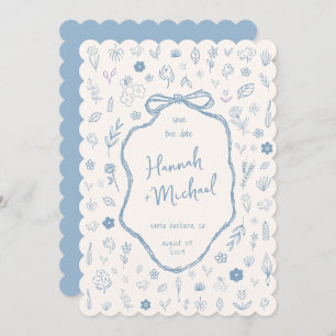 Hand Written Drawn Blue Flowers Winter Wedding Save The Date