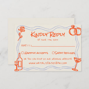 Hand Written Drawn Blue Orange Funky Wedding RSVP Card