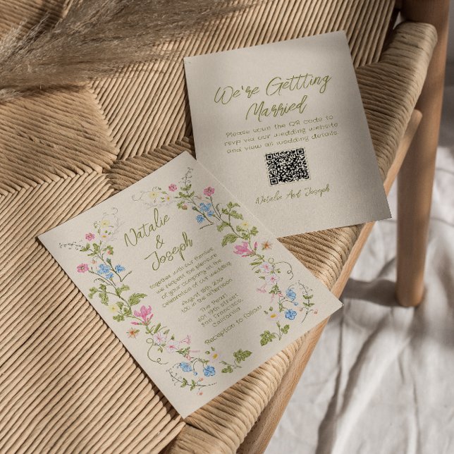 Hand Written Drawn Floral Summer QR Code Wedding Invitation (Creator Uploaded)