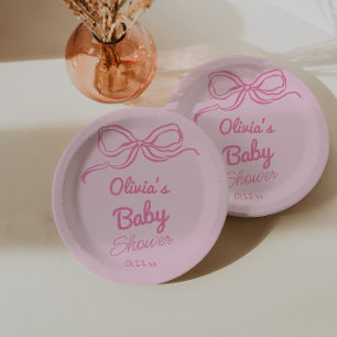 Hand Written Drawn Pink Bow Baby Girl Shower Paper Plate