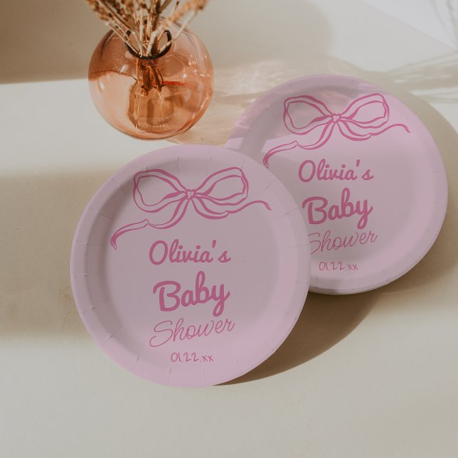Hand Written Drawn Pink Bow Baby Girl Shower Paper Plate (Creator Uploaded)