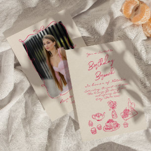 Hand Written Drawn Pink Brunch Birthday Photo Invitation