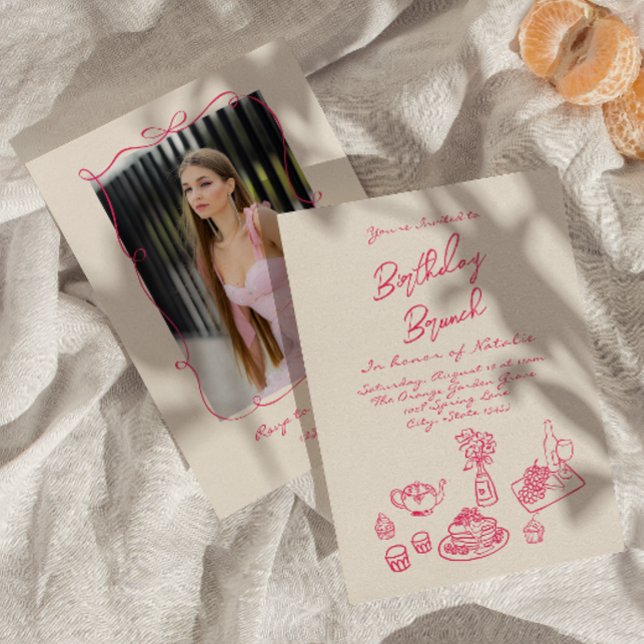 Hand Written Drawn Pink Brunch Birthday Photo Invitation (Creator Uploaded)