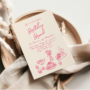 Hand Written Drawn Pink Quirky Brunch Birthday Invitation