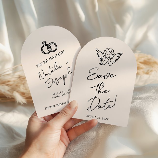 Hand Written Drawn Retro Cupid Arched Wedding Save The Date (Creator Uploaded)