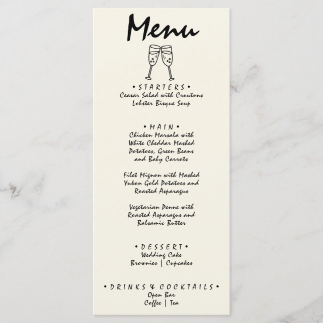 Hand Written Drawn Retro Quirky Unique Wedding Menu (Front)