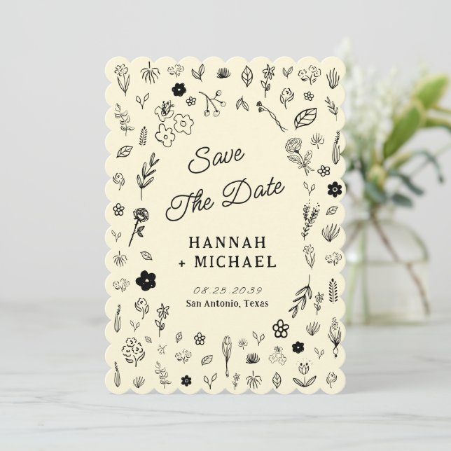 Hand Written Drawn Sketch Flowers Wedding Save The Date (Standing Front)