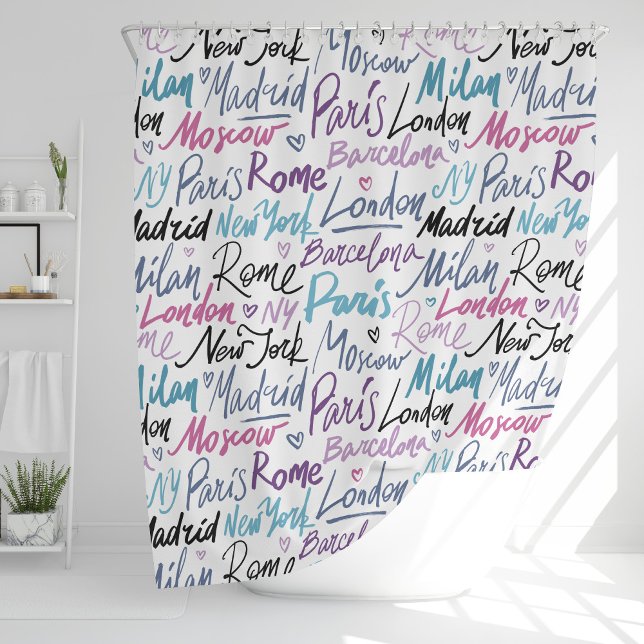 Hand Written Famous Cities of the World Pattern Shower Curtain (Creator Uploaded)