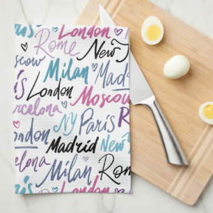 Hand Written Famous Cities of the World Pattern Tea Towel
