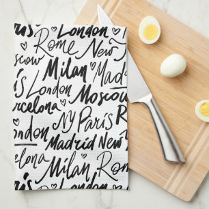 Hand Written Famous Cities of the World Pattern Tea Towel