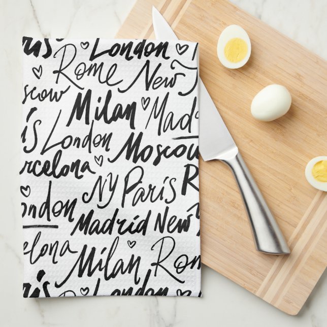 Hand Written Famous Cities of the World Pattern Tea Towel (Quarter Fold)