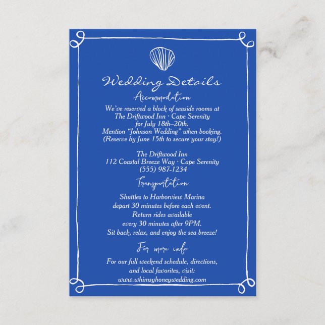 Hand Written Nautical Wedding Details & Direction Enclosure Card (Front)