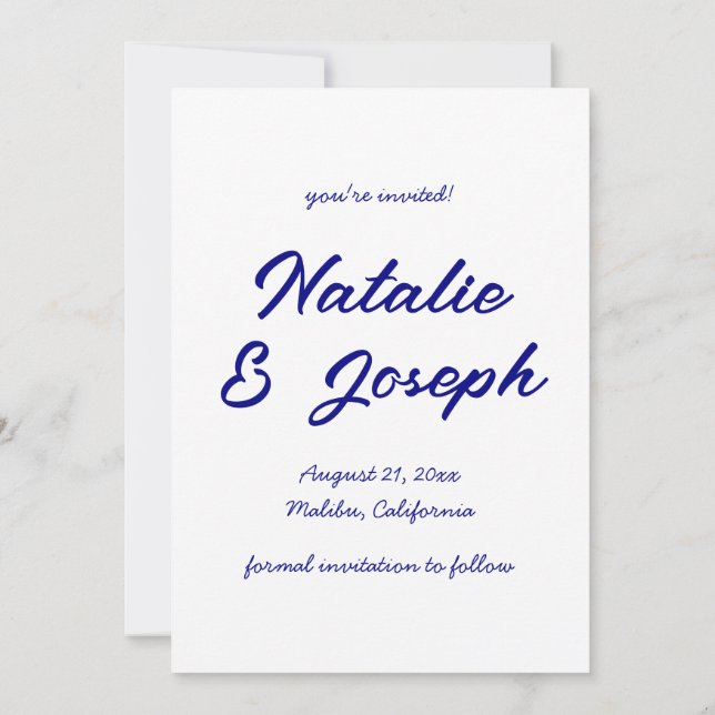 Hand Written Navy Colourful Retro Modern Wedding Save The Date (Back)