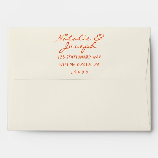 Hand Written Orange Whimsical Retro Trendy Wedding Envelope (Back (Top Flap))