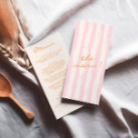 Hand Written Painted Colourful Pinstripes Wedding Menu<br><div class="desc">A colourful retro funky modern pink and orange and cream written menu . And hand drawn green pinstripes on the back . Perfect and matching with the whole suite. wedding dinner menu. Which features chic template design of boho vintage cream background and orange typography.</div>
