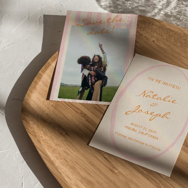 Hand Written Pinstripes Colourful Photo Wedding Save The Date (Creator Uploaded)