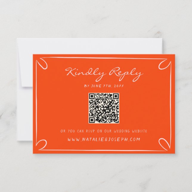 Hand Written Pinstripes Whimsical QR Code Wedding RSVP Card (Front)