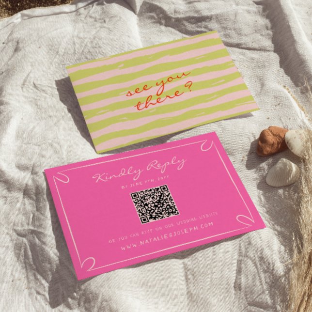Hand Written Pinstripes Whimsical QR Code Wedding RSVP Card (Creator Uploaded)