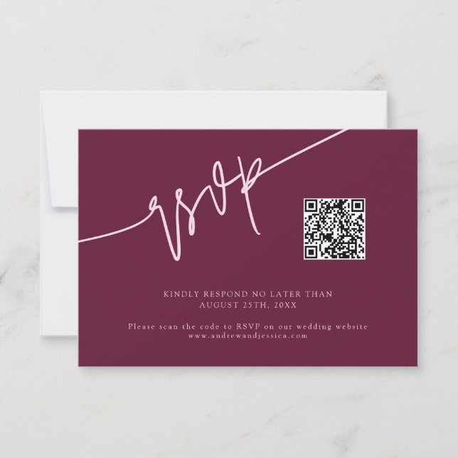 Hand Written Script Cranberry Wedding QR Code RSVP Card (Front)
