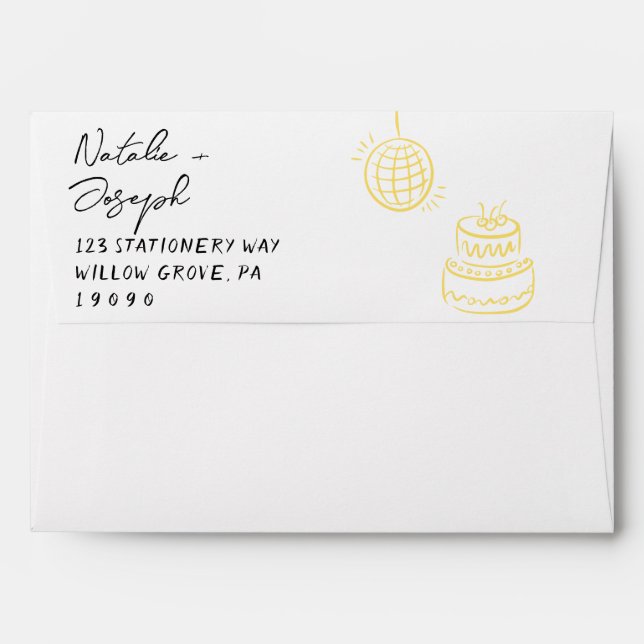Hand Written Yellow Retro Trendy Cake Wedding Envelope (Back (Top Flap))