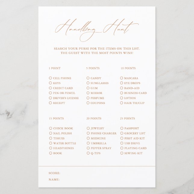 Handbag Hunt Elegant White Bridal Shower Game (Front)