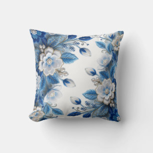 Handcrafted Blue Silk 3D Floral Embroidery Cushion