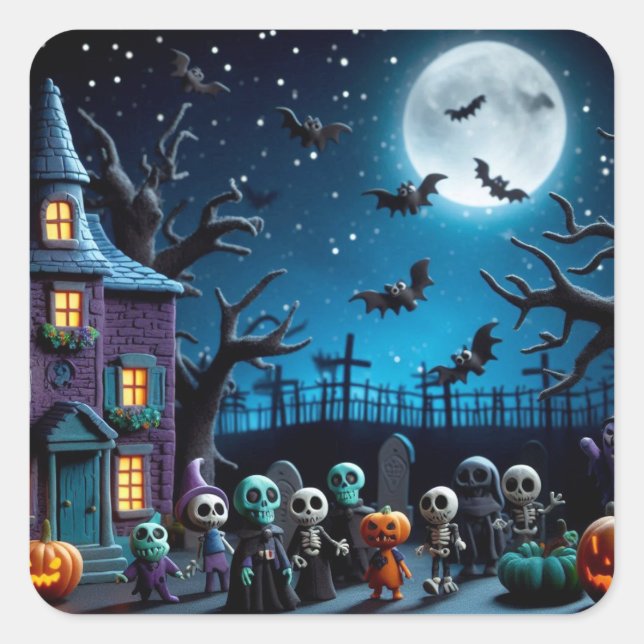 Handcrafted Claymation Halloween Frights Square Sticker (Front)