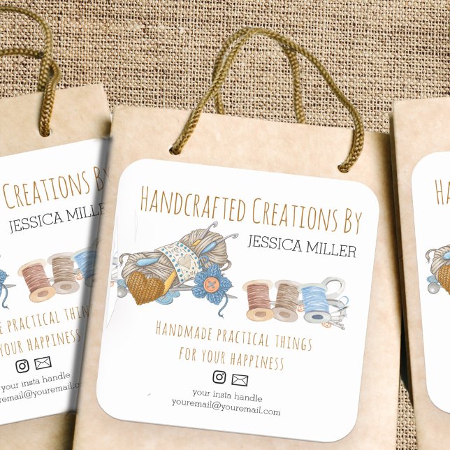 Handcrafted Creations Yarn and Sewing White Square Sticker (Handcrafted Creations packaging label with social media and email icons)