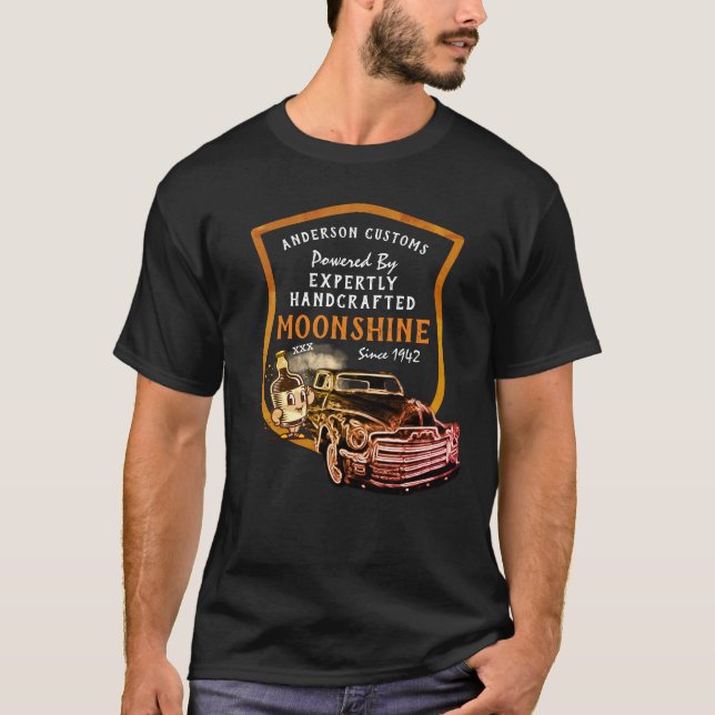 Handcrafted Moonshine Any Name Powered By Funny  T-Shirt (Front)