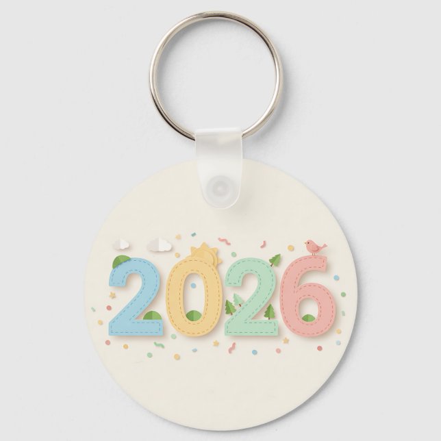 Handcrafted Pastel 2026 Paper-Cut Double-Sided Key Ring (Front)